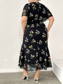 Modelyn Plus Size Women's Random Printed Simple Daily Short Sleeve Dress Maxi Women Outfit Long Evening Dresses - Black - View 2