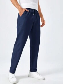 Manfinity VCAY Men Solid Color Drawstring Waist Pocketed Knit Casual Pants, Fall - Navy Blue - View 5