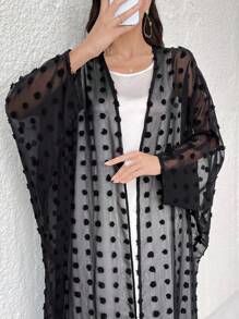 Al Najma Polka Dot Fuzzy Cut Floral Transparent Arabic Abaya Outerwear, Modest Robe - Black - View 4