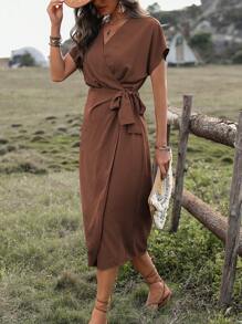 Breezaya 女式夏季纯色重叠 V 领蝙蝠袖短袖腰系带优雅连衣裙长款度假海滩装 - 棕色 - 查看 6
