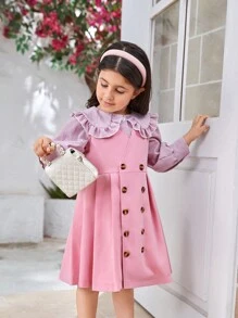 SHEIN New Arrival Girls' Sweet Pink Plaid Shirt With Peter Pan Collar, Buttoned Cuff And Solid Color Pleated Tank Dress Set, Spring & Autumn - Pink - View 4