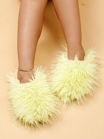 Plus Size Fluffy Slippers For Women, Spring Faux Fur Lined Indoor Home Quiet Warm Slippers, Fashion Slip-On Outdoor Wear