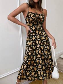 Pariaura 女士优雅前系带碎花连衣裙长款女装 - 黑色 - 查看 4