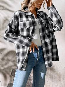 SHEIN LUNE Women's Regular Fit Black And White Plaid Casual Long Sleeve Jacket For Fall - Black and White - View 4