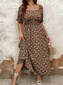 SHEIN LUNE Plus Size Square Neck Floral Print Shirred Summer Short Sleeve Dress - Multicolor - View 3