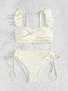 SHEIN Swim Summer Women's White Ruffled Criss-Cross Sexy Bikini Set - Beige - View 6