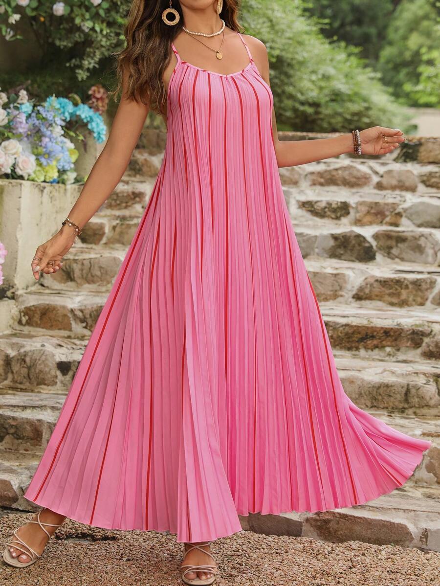 SHEIN VCAY 夏季女性假期印花細肩帶無背心長A字裙，褶皺設計 - 粉色 - 查看 1