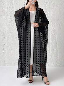 Al Najma Polka Dot Fuzzy Cut Floral Transparent Arabic Abaya Outerwear, Modest Robe - Black - View 8