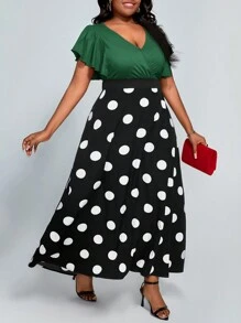 SHEIN Lady Plus Size Women's Casual Elegant Polka Dot Splice Long Flare Sleeve A-Line Dress - Green - View 6