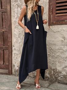 EMERY ROSE 女士無袖不對稱口袋連衣裙，夏季款 - 黑色 - 查看 2