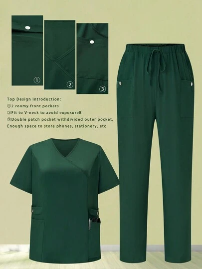 SHEIN TaskFit Plus Size Solid Color V-Neck Short-Sleeved Top With Pocket And Drawstring Long Pants, Summer  Uniform Scrub Set