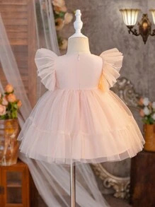SHEIN Váy ren thêu hoa lưới tương phản dễ thương và thanh lịch cho bé gái mùa xuân/hè, thích hợp cho tiệc sinh nhật và các dịp ngoài trời - Màu Hồng baby - Xem 4