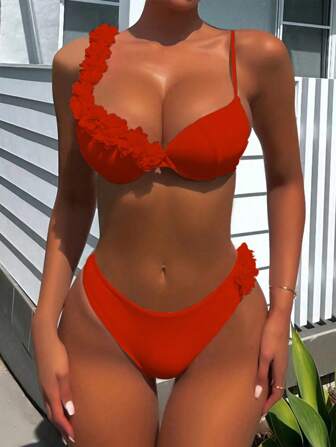 Swim SXY 2-Pcs Women Summer Beach Solid Color 3D Floral Decor Sexy Bikini Swimwear Set, Push Up & Wire Rimmed