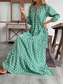 SHEIN VCAY Vestido verde geométrico de verano para mujeres - Verde - Ver 3