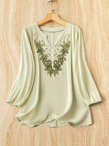 SHEIN LUNE Camisa para mujeres elegante de manga larga con cuello de muesca y bordado floral, ideal para verano - verde menta - Ver 5
