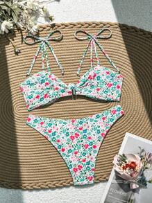 SHEIN Swim 女性迪茨花卉露肩打結性感比基尼套裝，適用於夏季海灘，隨機圖案 - 彩色 - 查看 5