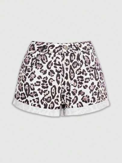 Kawaii Shorts en jean décontracté léopard à ourlet roulé pour femmes