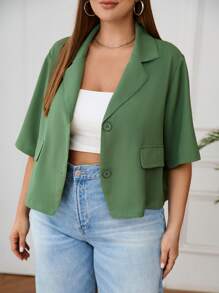 SHEIN Essnce 女式加大码 V 领绿色短袖西装外套，时尚百搭，适合秋冬休闲穿着 - 綠色 - 查看 3