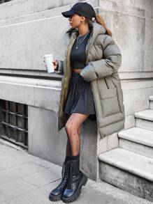 EURMUSE Flap Pocket Drawstring Waist Hooded Puffer - Khaki - View 3