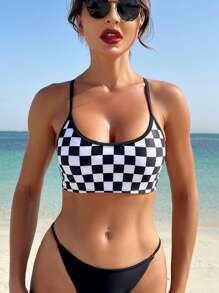 Swim Vcay Women's Summer Beach Checkerboard Printed Casual Bikini Top - Black and White - View 1