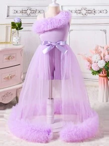 SHEIN Young Girls' Summer Fashion Asymmetric Mesh Contrast Party Romper - Purple - View 1