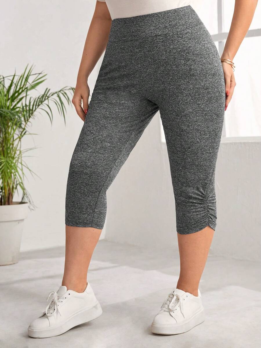 SHEIN CURVE+ Plus Size Grey Knit Ruched Design Detail Sports Leggings - Dark Grey - View 1