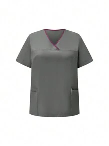 SHEIN TaskFit Plus Size Short Sleeve And Long Pants  Uniform Set, Plus Size Uniform & Scrub - Grey - View 3