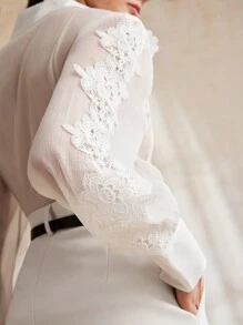 Anewsta 女款透氣刺繡襯衫，3D花卉浮雕設計，完美春夏穿搭 - 白色 - 查看 2