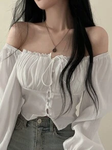 DAZY Women's Solid Color Square Neckline Long Sleeve Shirt With Chest Ruching Detail, Summer,Ruffle Babydoll Top - White - View 5