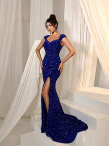 Faeriesty Vestido formal de cola de sirena con escote de corazón, mangas cortas y lentejuelas - azul real - Ver 6