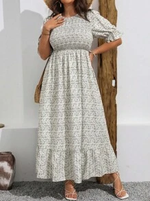 Flirla 夏季大码全身印花短袖圆领荷叶边连衣裙