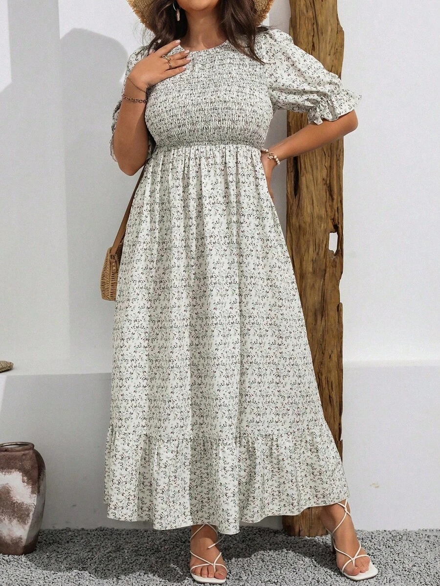 Flirla 夏季大码全身印花短袖圆领荷叶边连衣裙