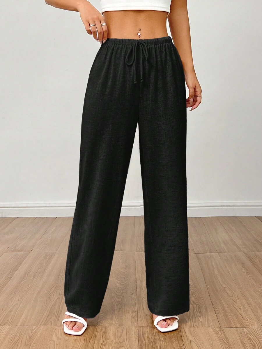 SHEIN PETITE Solid Drawstring Waist Wide Leg Pants - Black - View 1