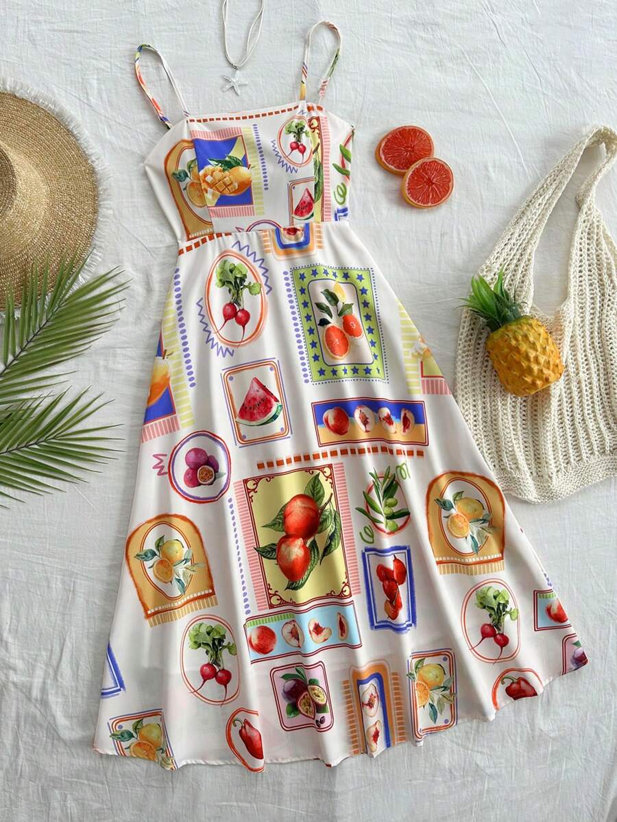 Soleia Váy đi biển mùa hè Boho họa tiết trái cây lưới cầu vồng vui tươi dành cho nữ, thích hợp cho đám cưới, ngày lễ, lễ hội - Nhiều màu - Xem 1