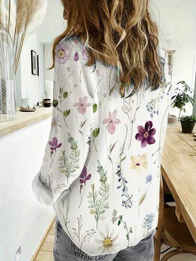 New European And American Style Printed Turn-Down Collar Casual Loose Soft Long-Sleeved Women's Shirt, Spring And Autumn,Long Sleeve Tops