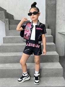 SHEIN Explorewe Fashionable Young Girls Fun Printed Top And Matching Printed Shorts Set - Black - View 1
