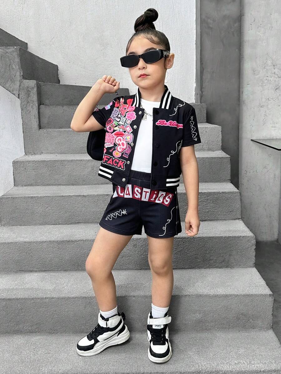 SHEIN Explorewe Fashionable Young Girls Fun Printed Top And Matching Printed Shorts Set - Black - View 1