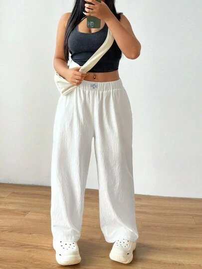 SHEIN EZwear Plus Size Loose White Wide-Leg Pants With Cotton Lining For Summer