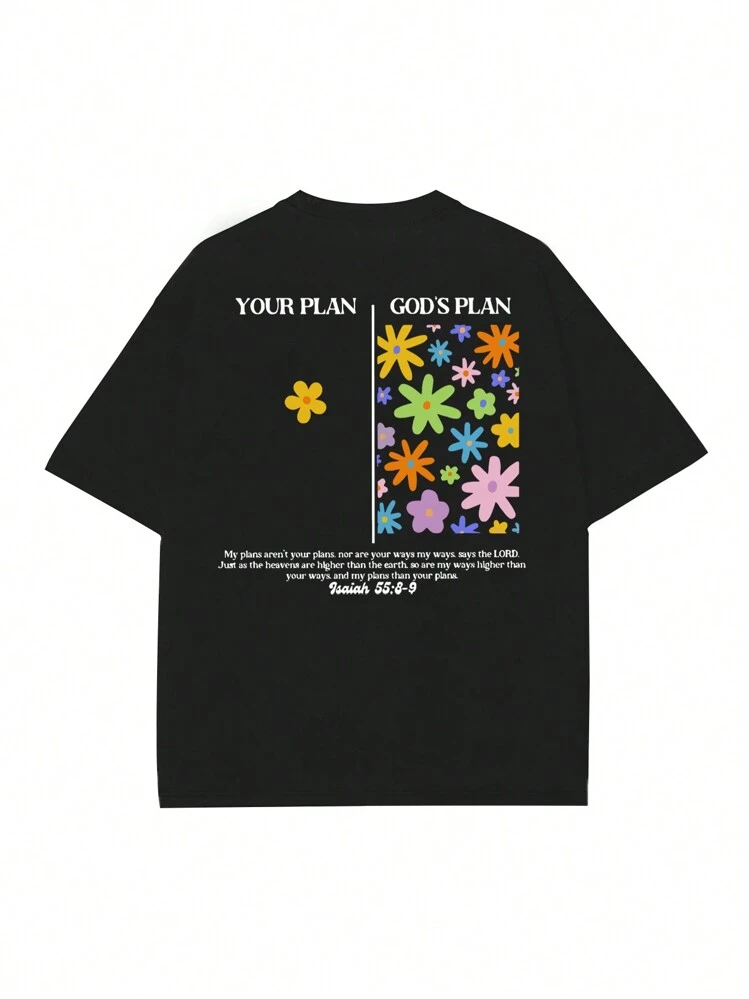 INAWLY Women's Summer Loose Fit Casual T-Shirt With Slogan, Flower Print, Round Neck And Dolman Sleeves, YOUR PLAN GOD'S PLAN My Plans Aren't Your Plans, Nor Are Your Ways My Ways Says The LORD Just As The Heavens Are Higher Than The Earth So Are My Ways Higher Your Ways And My Plans Than Your Plans Graphic Tees Women Tops - Black - View 3