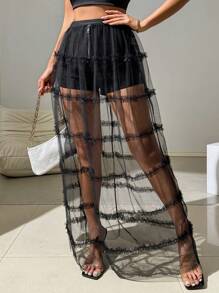 SHEIN Unity Falda de malla enrollada en capas con espalda transparente de unicolor y diseño de malla transparente empalmado - Negro - Ver 4