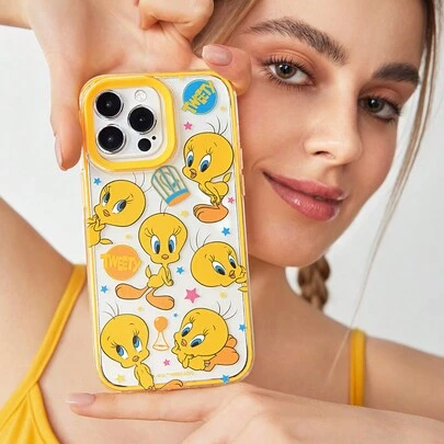 LOONEY TUNES X SHEIN 崔弟图案半透明黄边时尚手机壳适用于 15、 12 Pro Max、 14 Pro Max、 XR 手机壳礼物