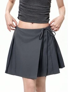 SHEIN EZwear Pleated Waist Tie Front Solid Color Casual Skirt - Grey - View 1