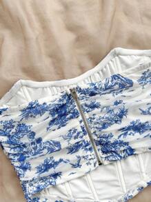 Soleia WYWH Women's Vacation Fishbone Blue & White Floral Printed Bandeau Top