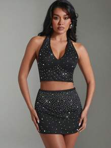 Hauture Two Pieces Rhinestone Halter Crop Top & Mini Skirt - Black - View 4