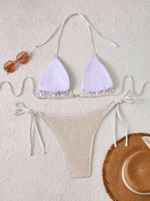 Swim Mod Plus Size Summer Beach Solid Color Hollow Out Bikini Set - White - View 2
