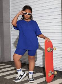 SHEIN Tween Girls Extended Size Loose Casual Letter Embossed Short Sleeve T-Shirt And Cycling Shorts 2pcs Set - Blue - View 8