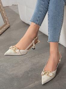 Damen Vintage Blumen Design High Heel Pumps mit Ketten Dekoration, spitzer Zehenbereich, Stilettoabsätze, Kleiderschuhe mit Knöchelriemen und eleganter weiß/beiger Farbe, geeignet für Frühling, Herbst, Outdoor, Alltag und Partys, elegant, Partyoutfits, Kitten Heels - Beige - Übersicht 3