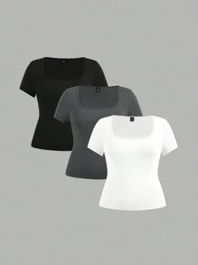 SHEIN EZwear 3 件/套大码女式圆领短袖短款休闲紧身 T 恤夏季 - 彩色 - 查看 1