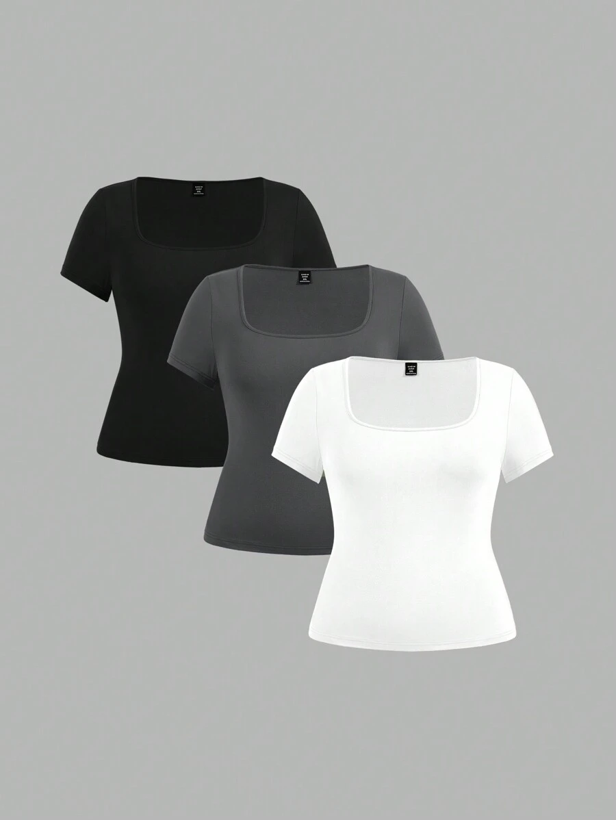 SHEIN EZwear 3 件/套大码女式圆领短袖短款休闲紧身 T 恤夏季 - 彩色 - 查看 1