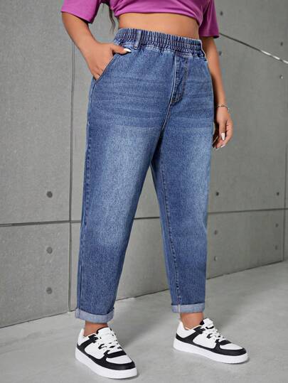 SHEIN ICON Jeans skinny raccourci à taille haute avec bande élastique pour grande taille, bleu